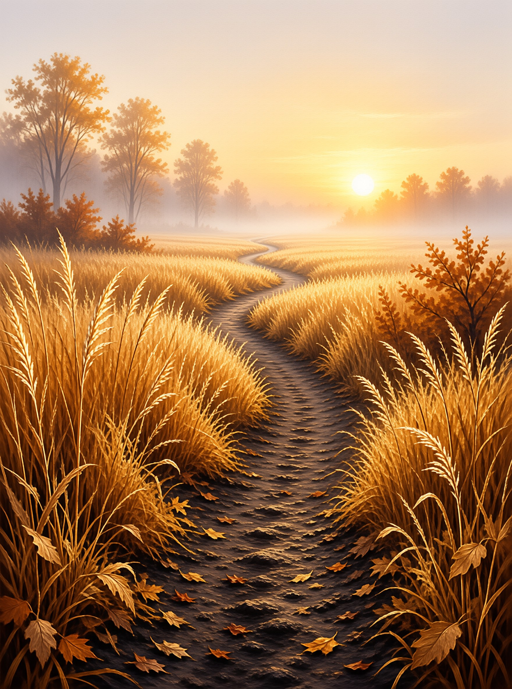 A winding dirt path cuts through tall golden grass under a bright sun shining over misty trees in the distance