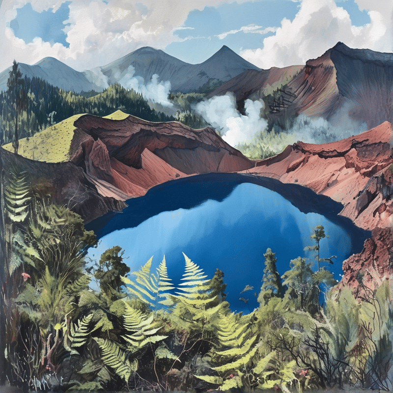 Intense azure depths occupy a rugged red basin, bordered by lush vegetation with distant peaks releasing vapor.