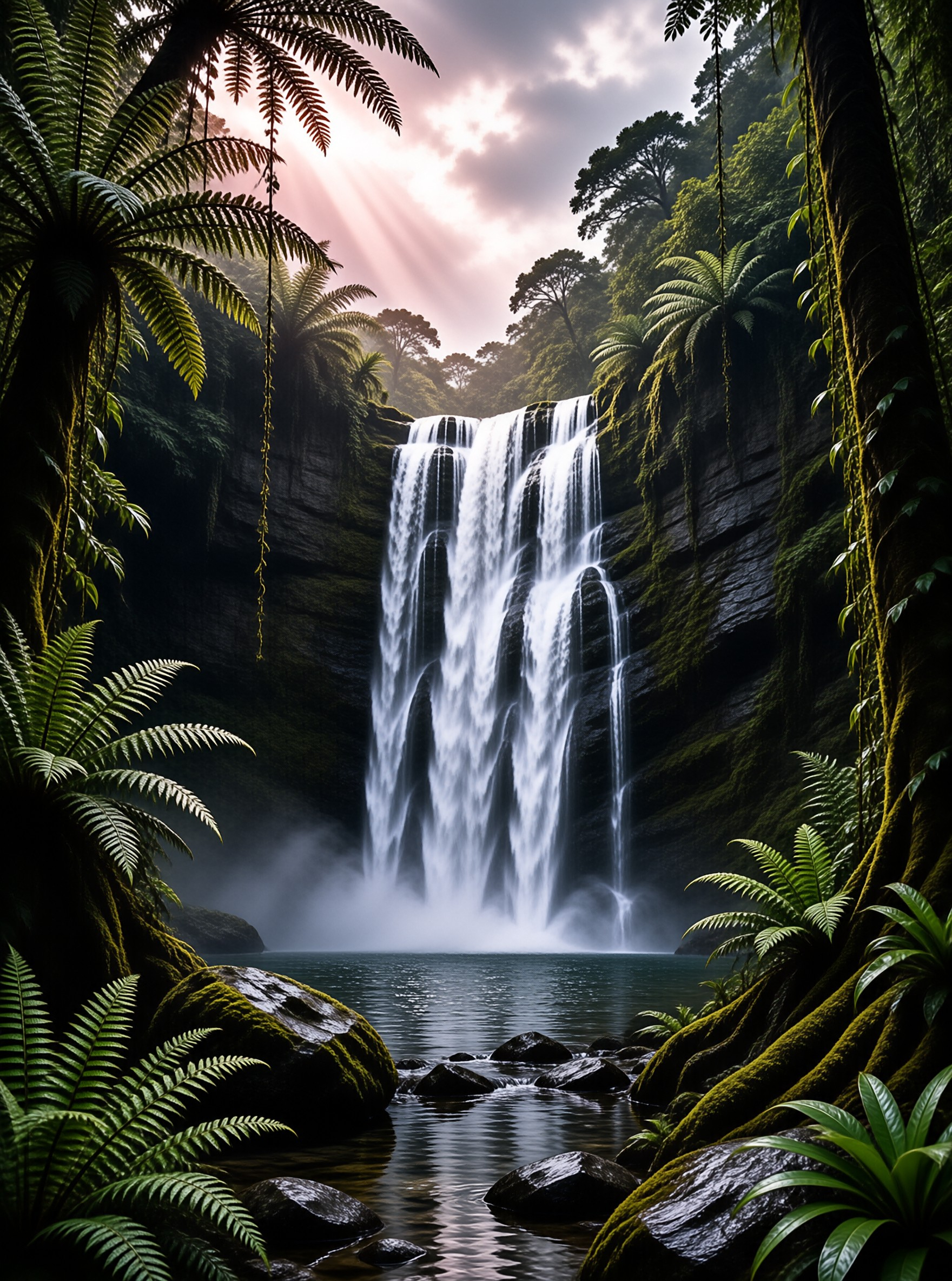 Sunlit Jungle Waterfall