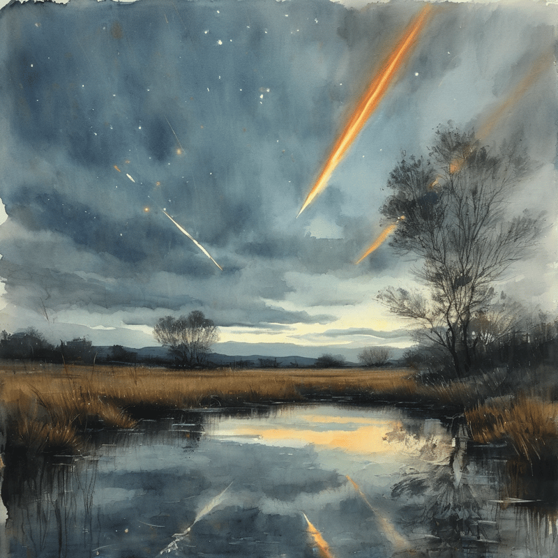 Bright meteors streak across a dark sky above a marshy field with water reflecting their light.