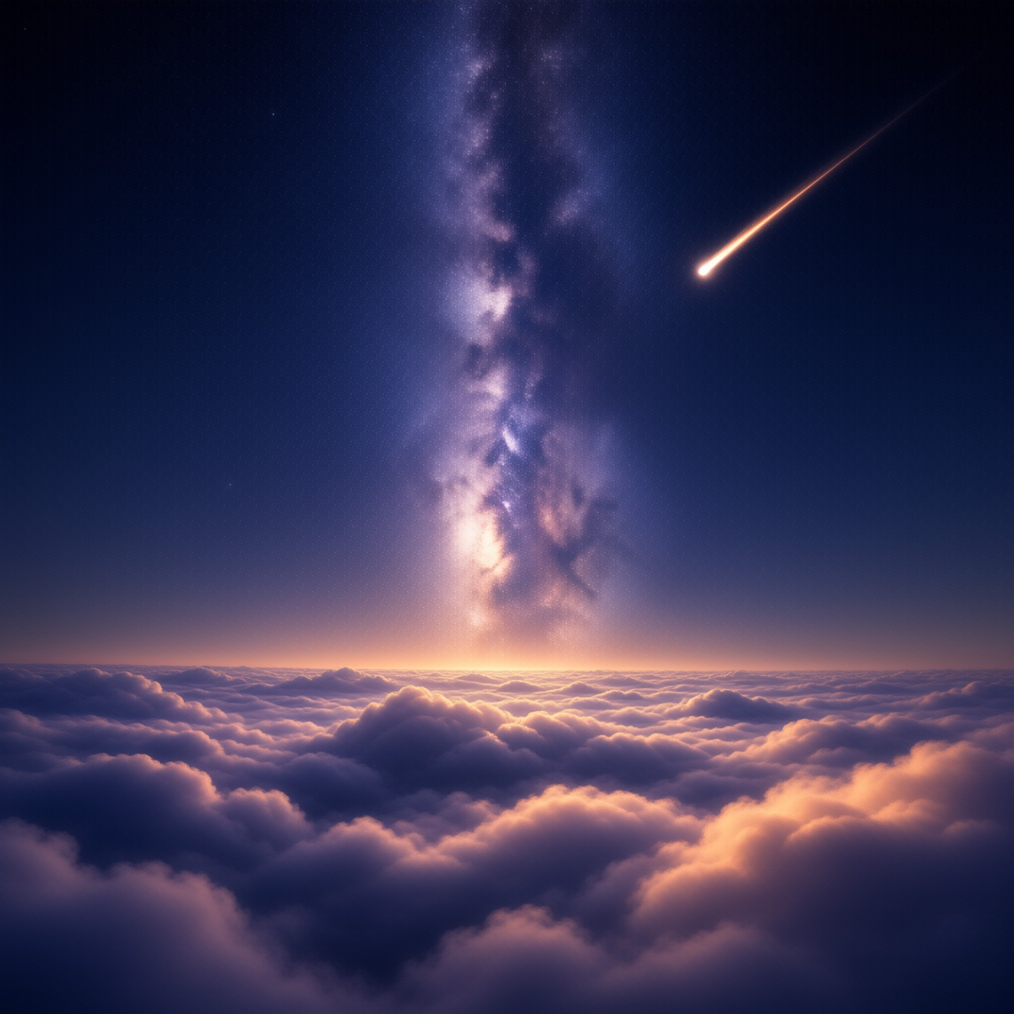 A brilliant meteor streaks diagonally across a deep blue night sky filled with the vertical band of the Milky Way galaxy above a dense ocean of white clouds illuminated by a soft orange horizon glow.