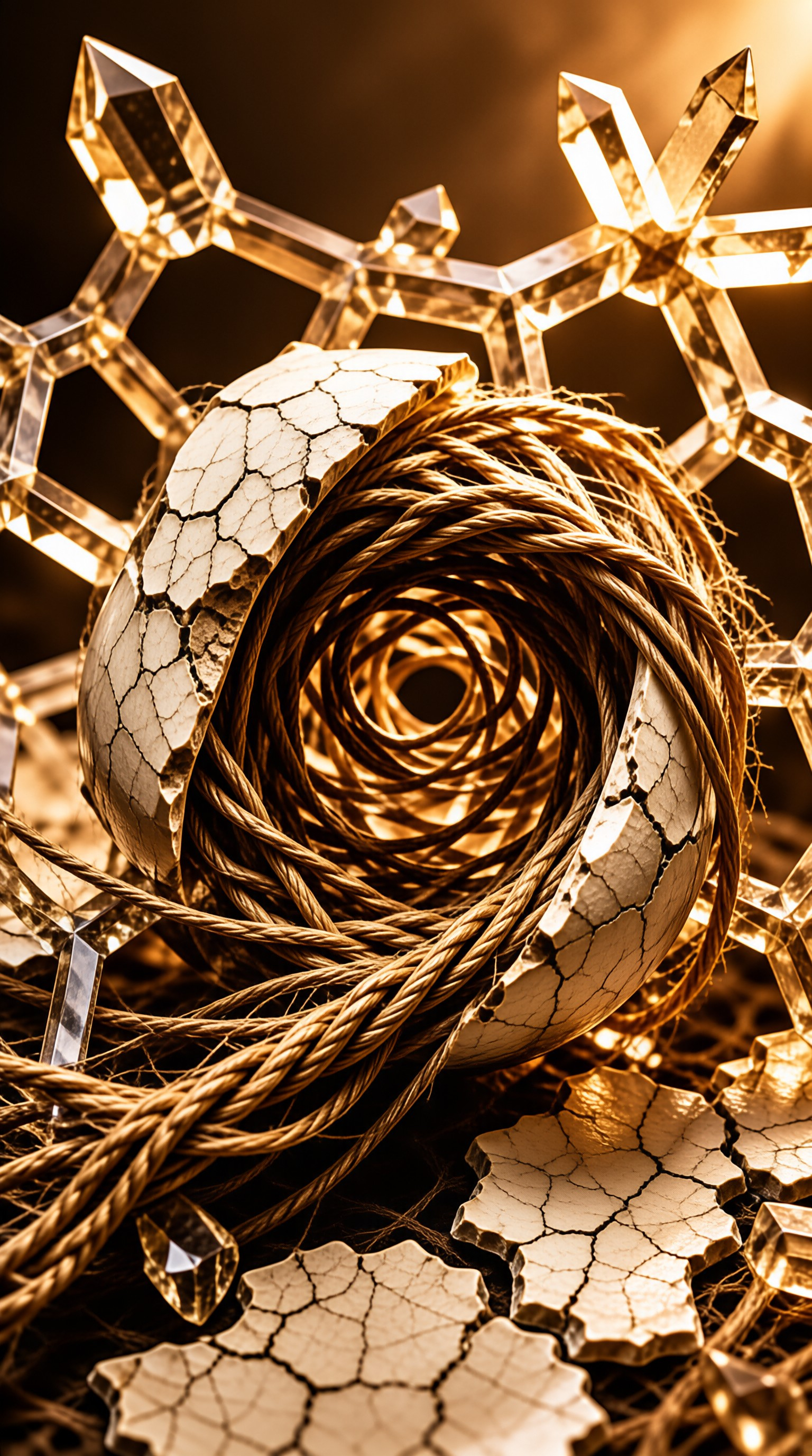 A fractured sphere bound by twisted fiber rests inside a luminous geometric framework bathed in amber tones.