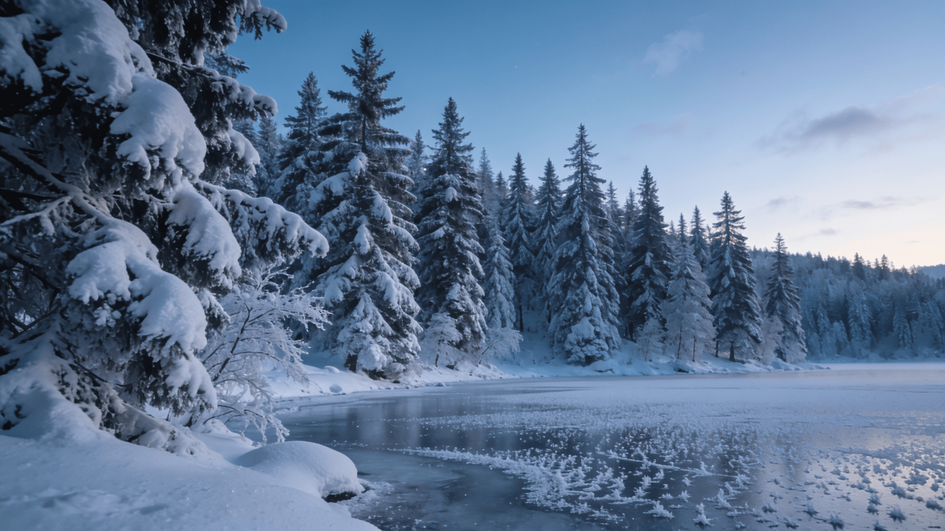 Snow-Covered Pines by a Frozen Lake