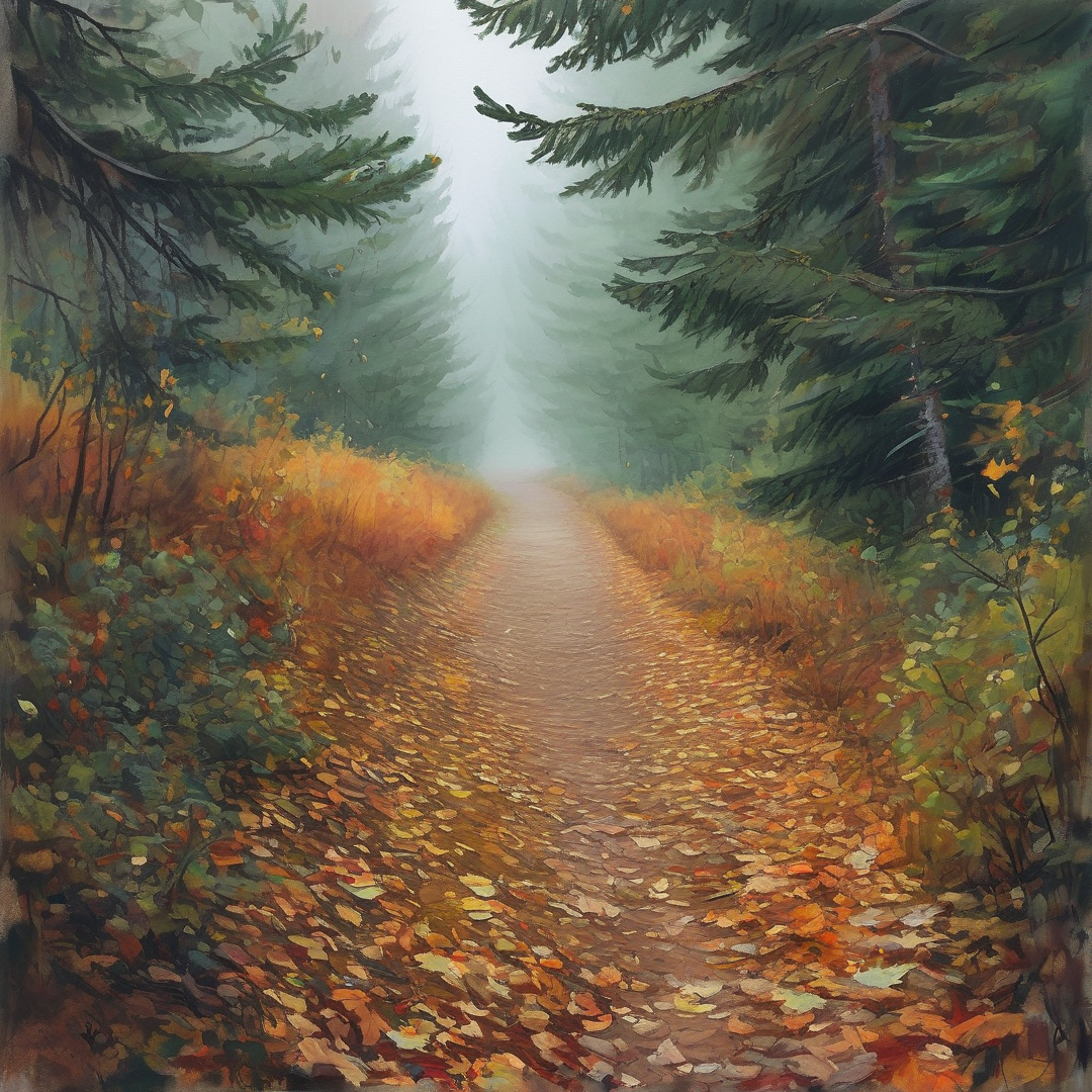 A dirt trail winding through a misty pine forest, blanketed with autumn foliage and bathed in soft light