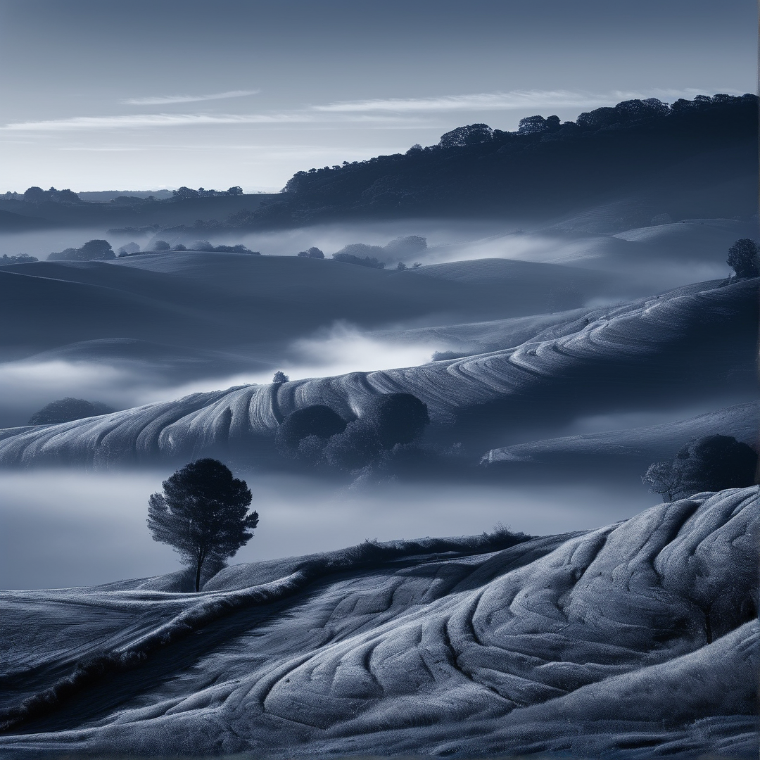 Rolling hills covered in textured grass fade into layers of white fog and dark trees under a pale blue sky