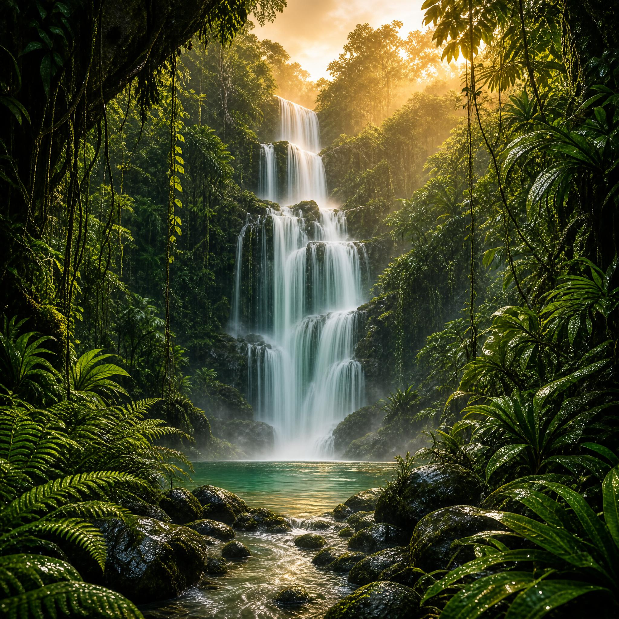 Sunlit Jungle Waterfall