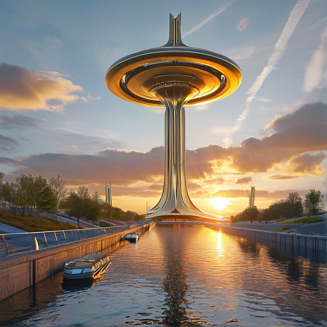 Futuristic Tower at Sunset