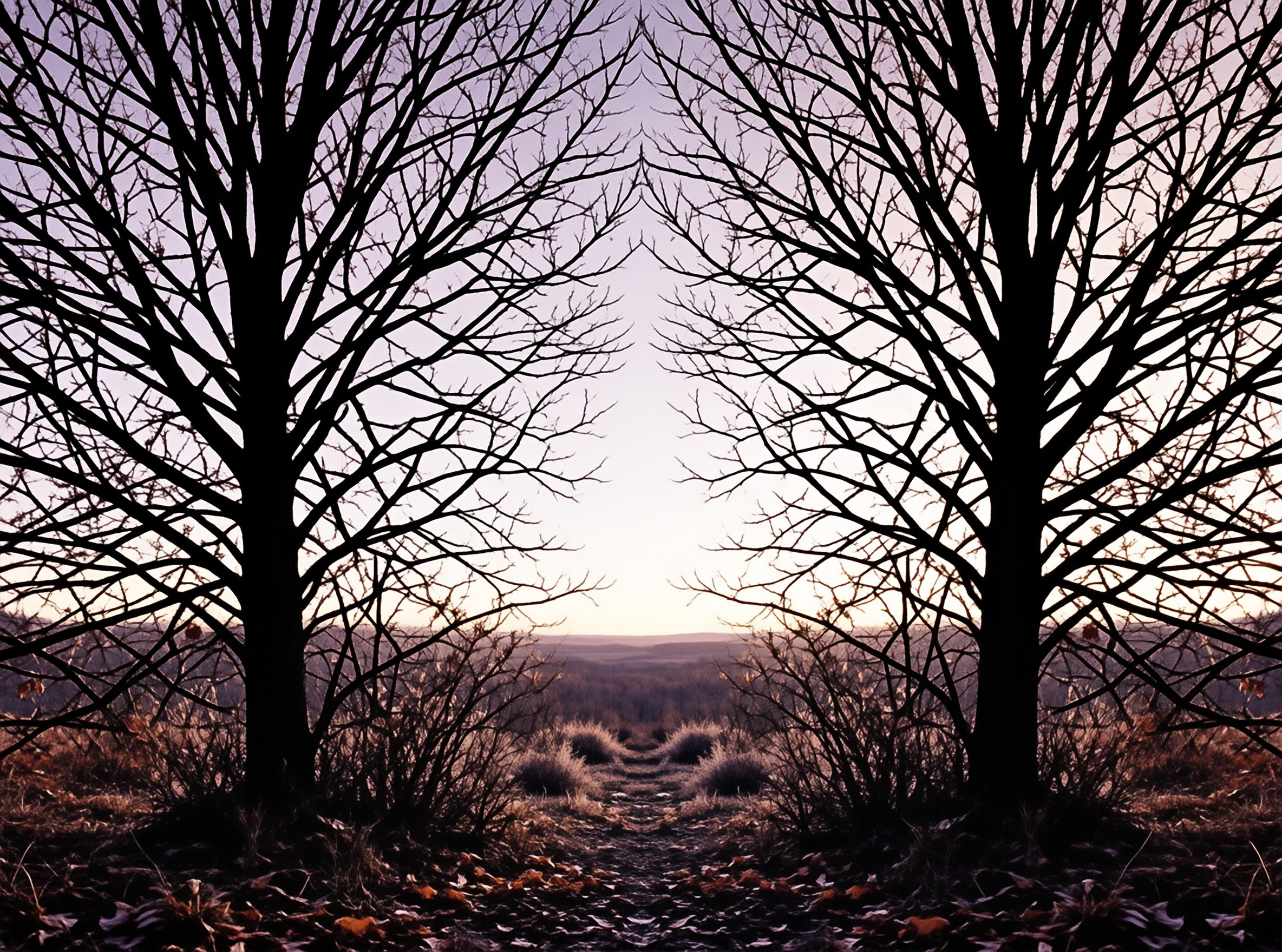 Two dark leafless trees form a natural arch over a dry path leading to a distant horizon under a soft gradient sky.