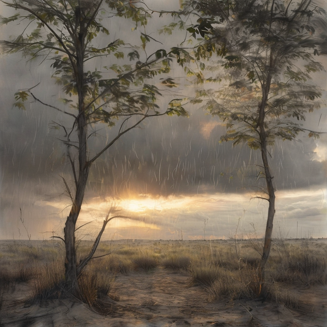 Two slender trees stand in a dry field while rain falls heavily against a bright breaking sunset.