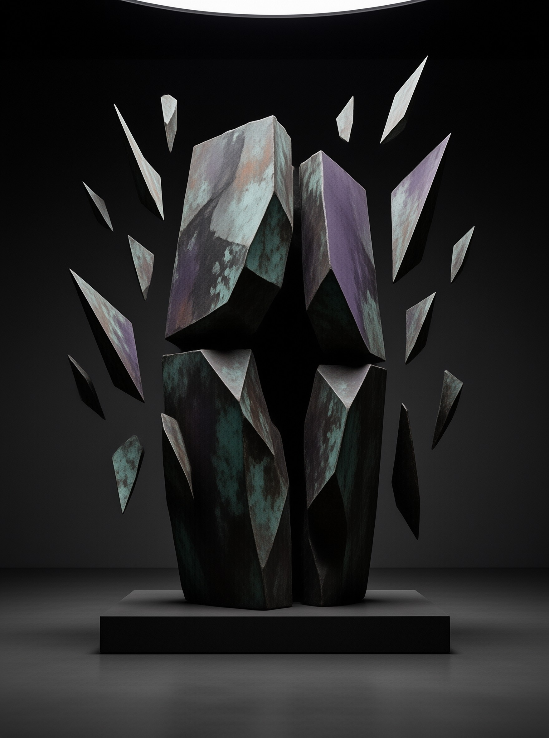 Geometric rock pieces suspended in a dark void with dramatic lighting.