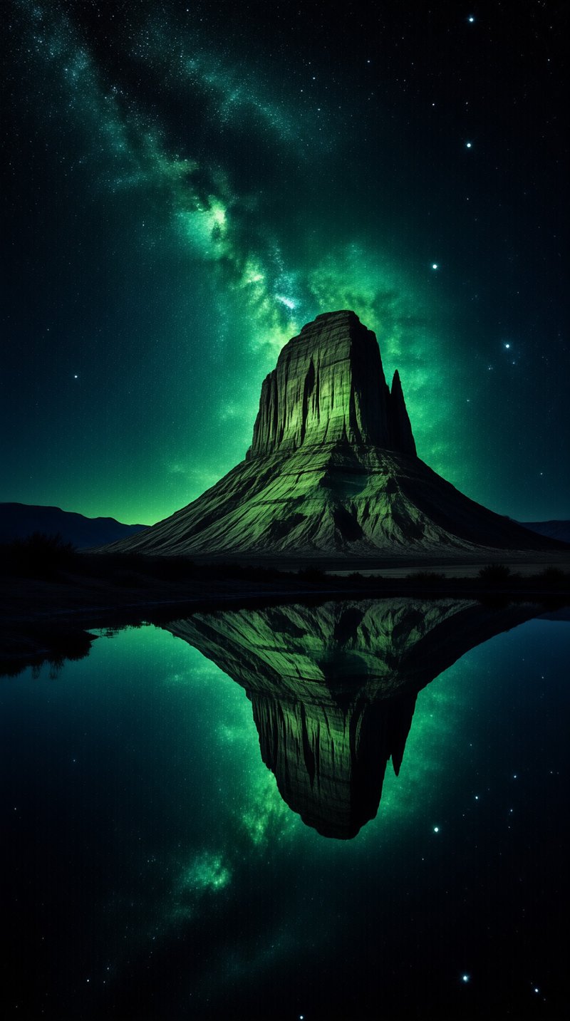 A solitary rock formation rises beneath a luminous green aurora with a perfect reflection in the dark water.
