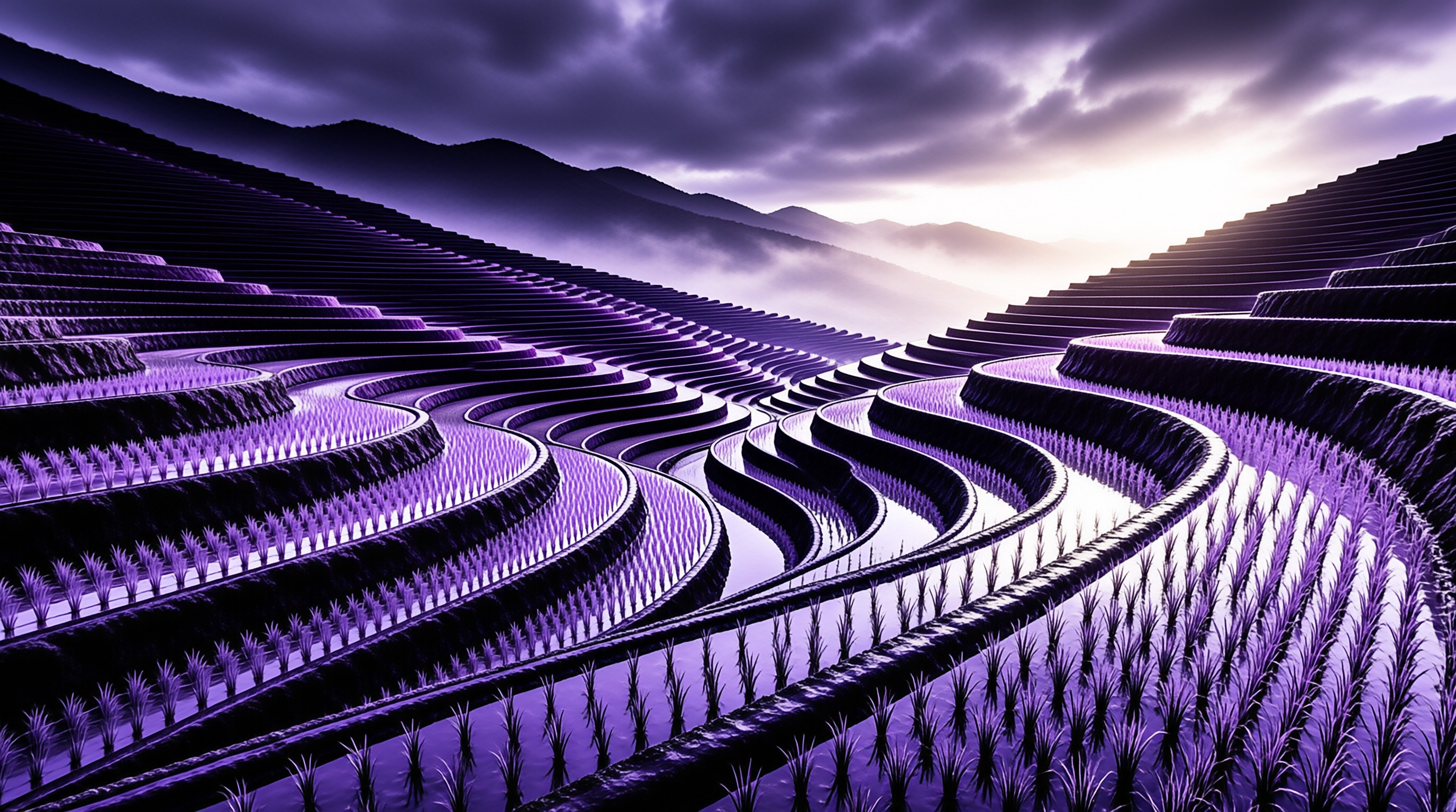 Layered agricultural fields curve through the landscape under a dramatic purple sky with bright sunlight breaking through clouds.