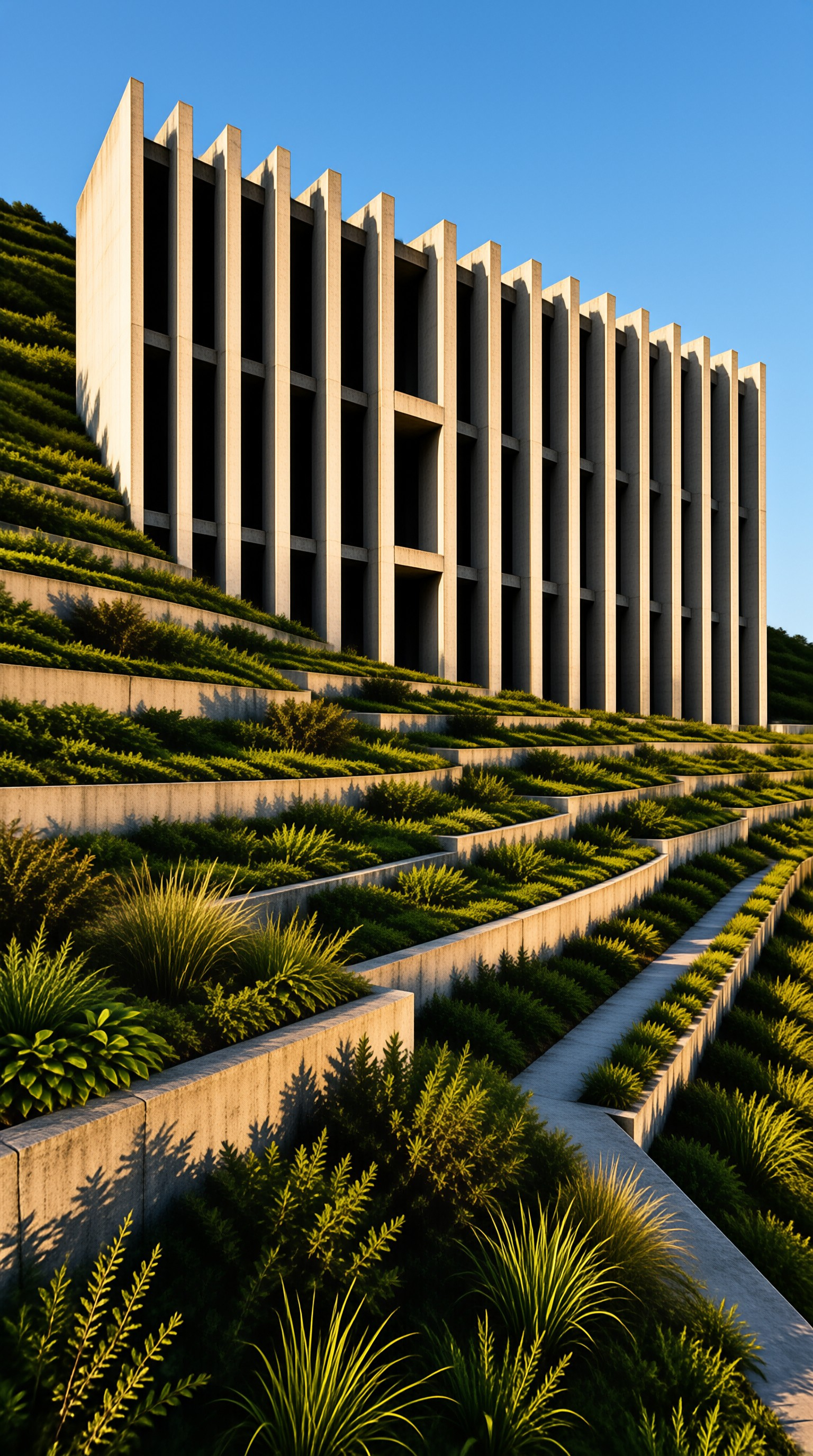 A tall modernist building with repeating concrete fins stands over stepped garden terraces under clear blue sky