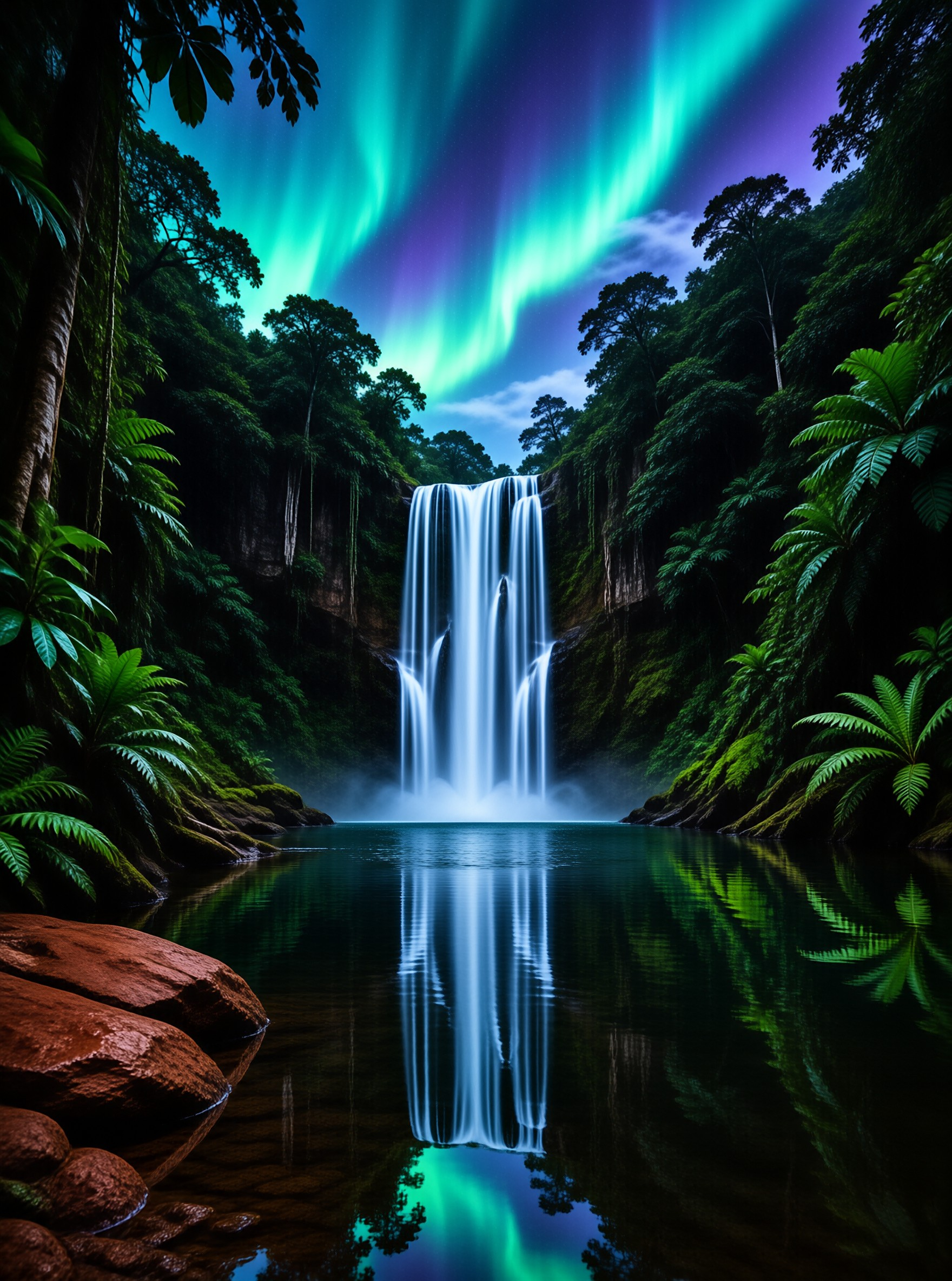 Waterfall under Aurora