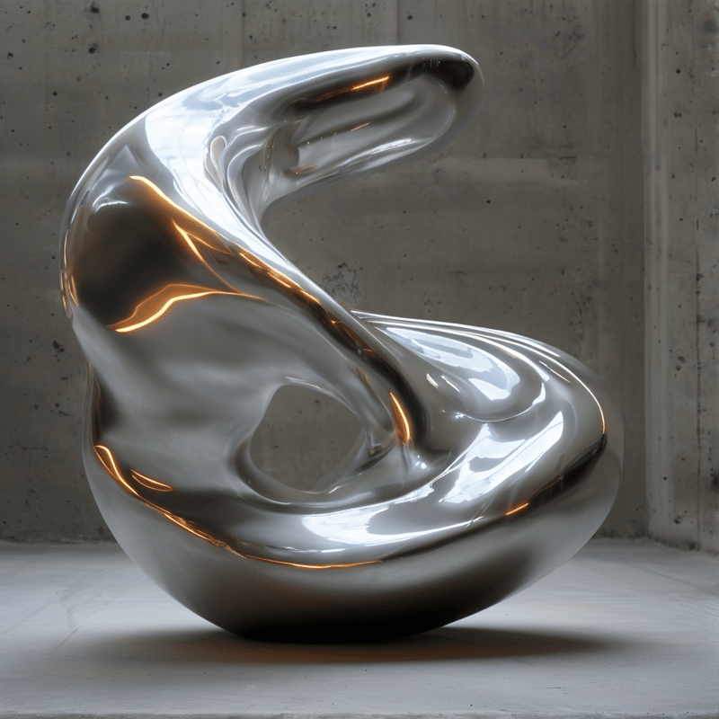 A polished chrome abstract sculpture with warm amber light reflections rests on a concrete floor against a weathered concrete wall
