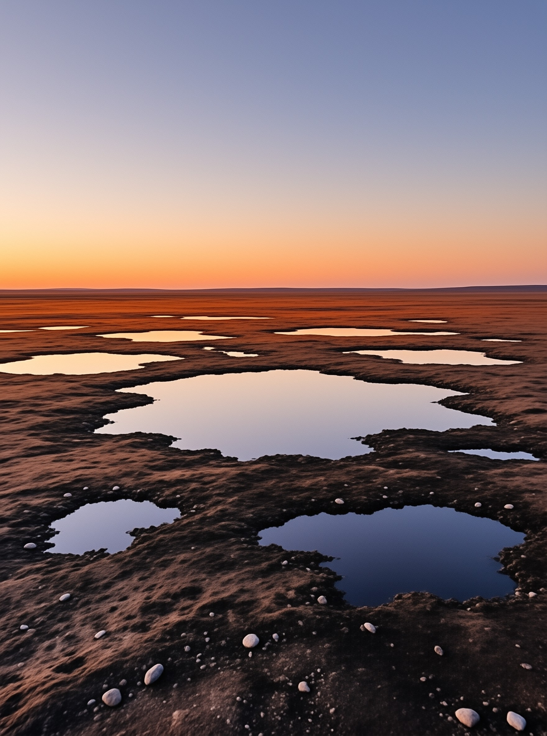 Scattered water puddles reflect the warm orange and blue gradient of the evening sky across a flat landscape.