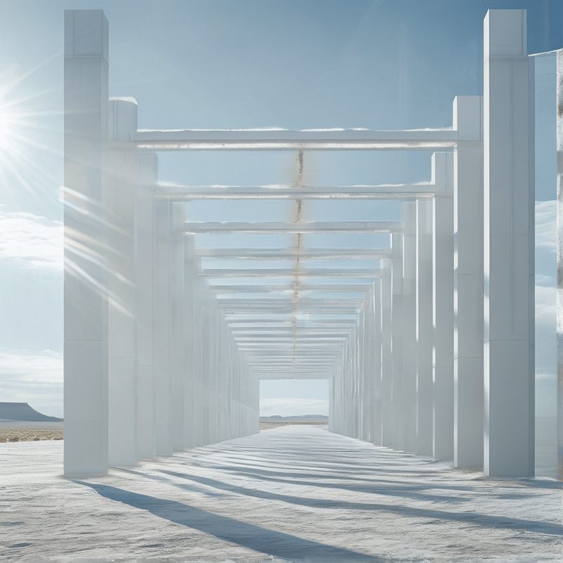Tall white pillars form a long corridor across a flat white landscape with mountains in the distance.