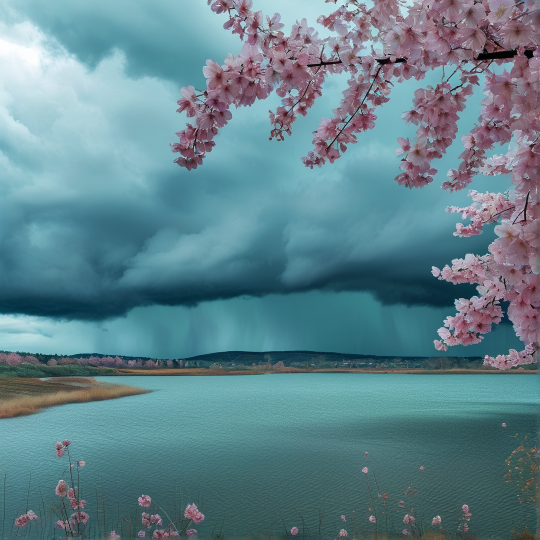 Cherry Blossoms Under Storm