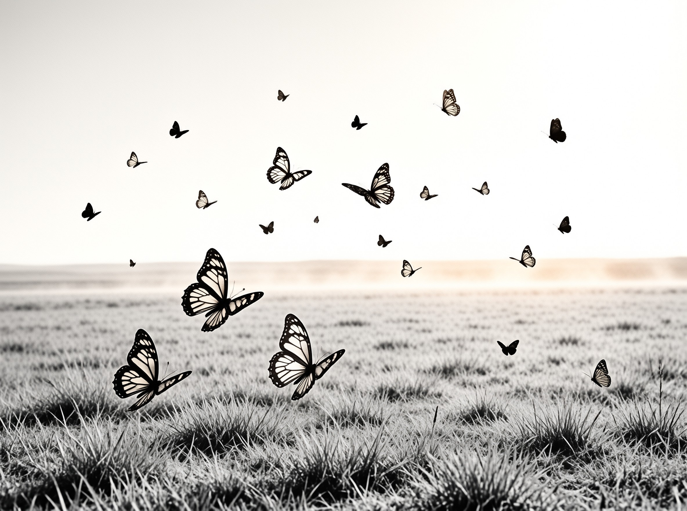 A group of winged insects rises from a grassy foreground toward a distant bright sky.