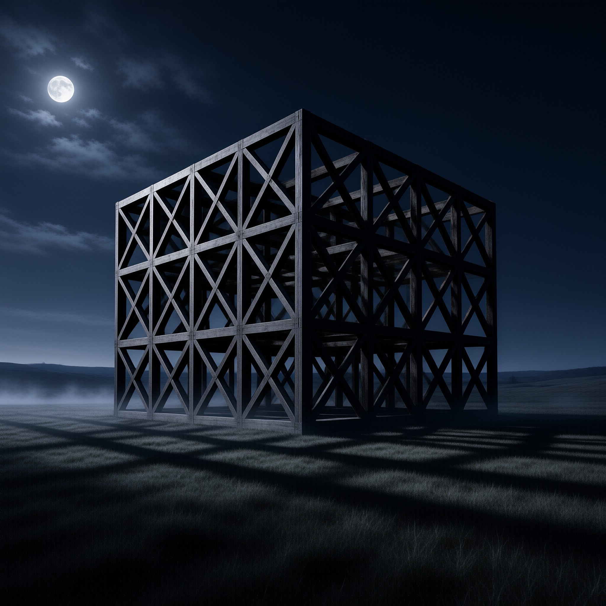 A large wooden truss frame stands alone in a misty field under a bright full moon casting long shadows.