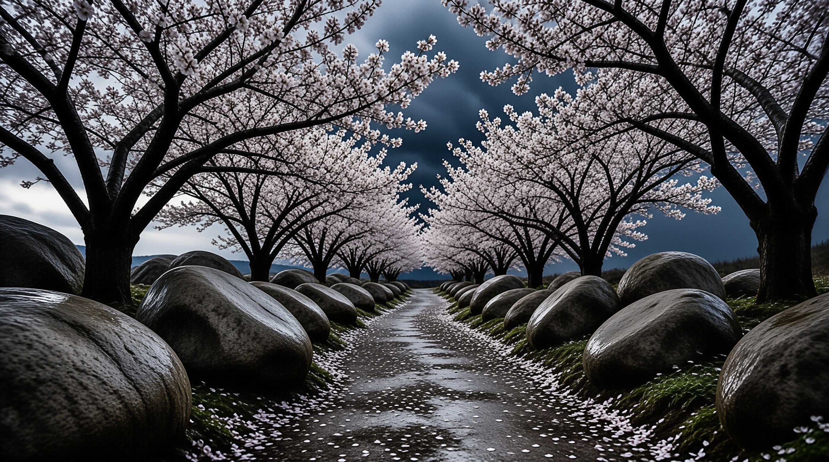 A symmetrical walkway bordered by large smooth rocks and blooming trees beneath a stormy sky.