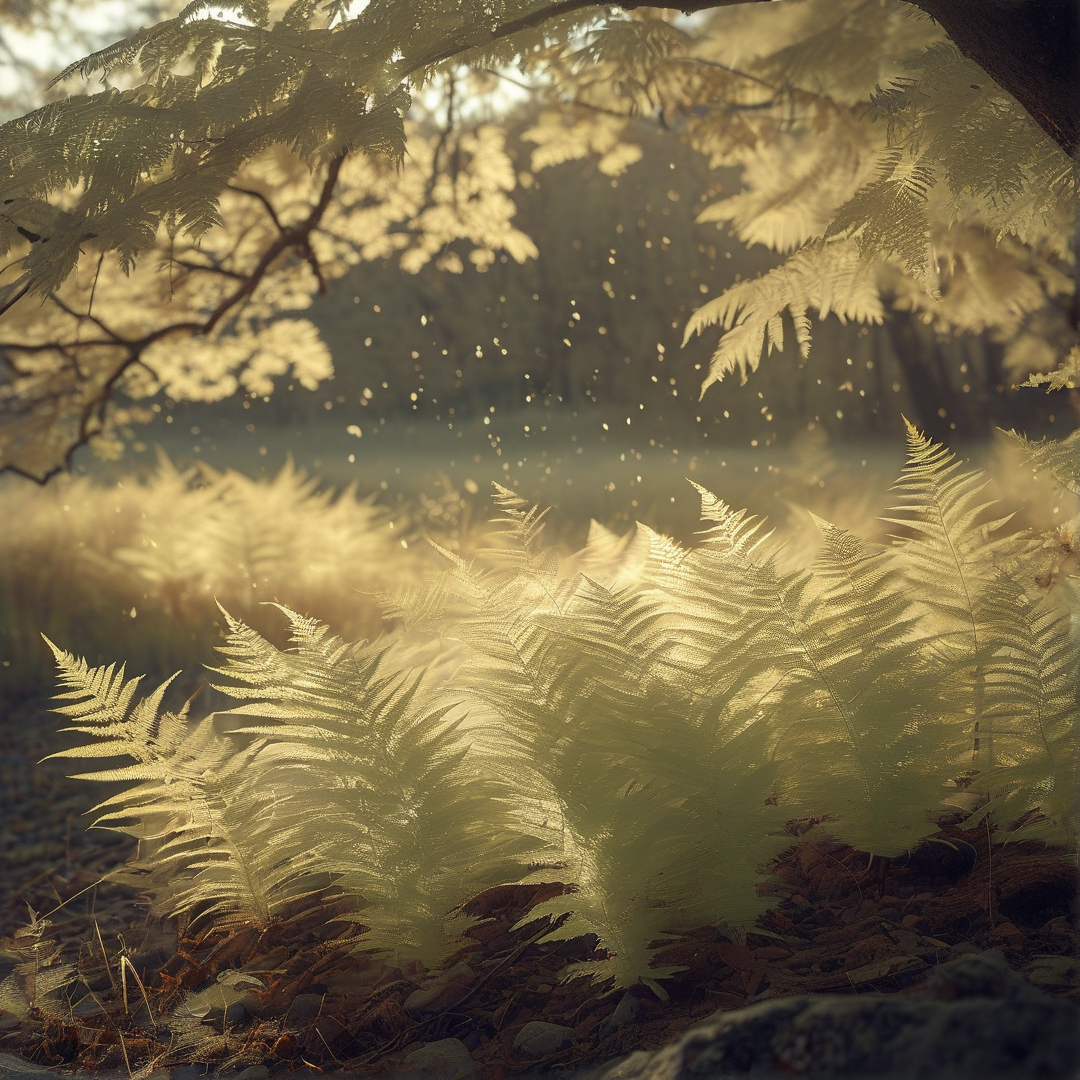Fern leaves glow golden in a misty forest while sunlight filters through canopy and illuminates floating dust particles.