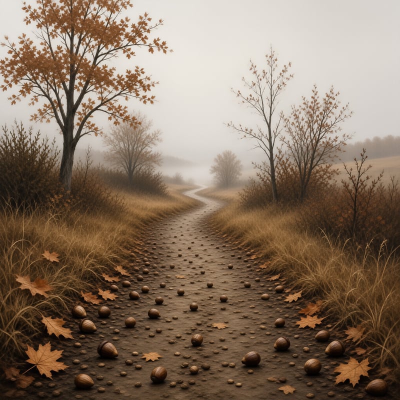 A winding dirt path disappears into thick fog while scattered acorns dot the ground between dry grassy banks and trees.