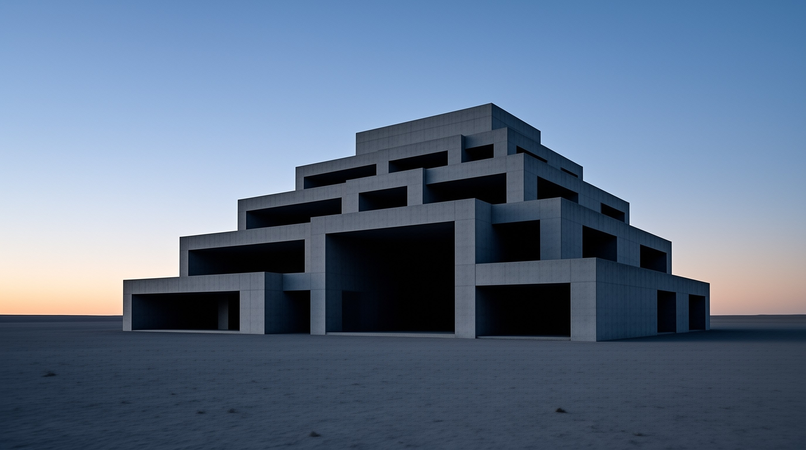 A massive stepped concrete building with open rectangular voids stands isolated on a wide flat plain beneath a gradient twilight sky.