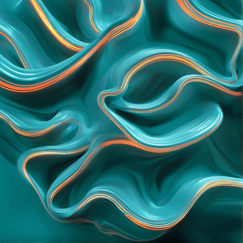 Glossy teal fluid forms undulate across the frame with bright orange and yellow highlights tracing the curves of the molten surface.