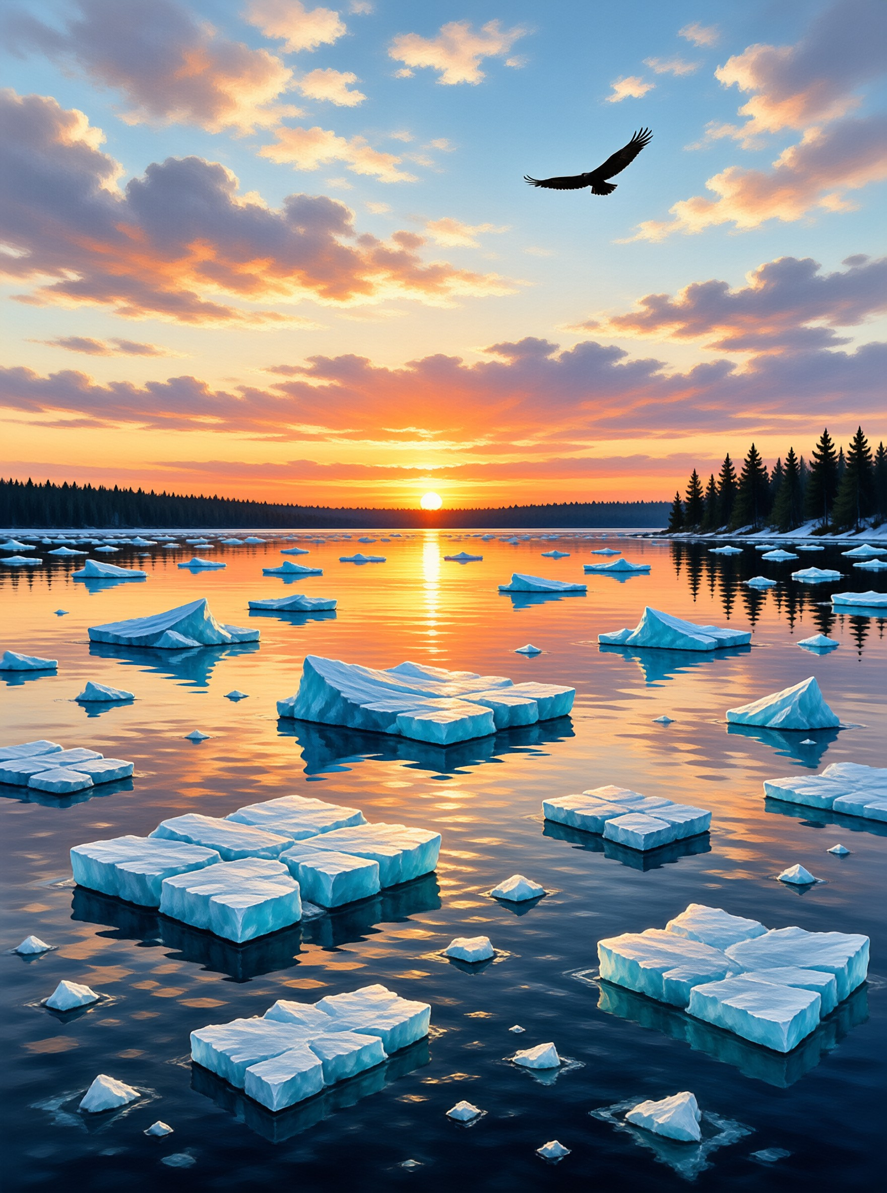 Blocky ice formations float on a tranquil lake during a vibrant sunset, with an eagle soaring above a distant treeline under a golden sky.