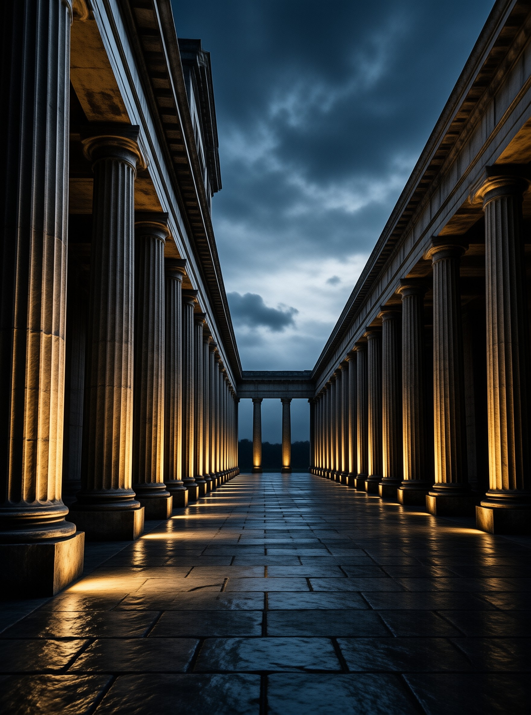 Illuminated Colonnade at Dusk
