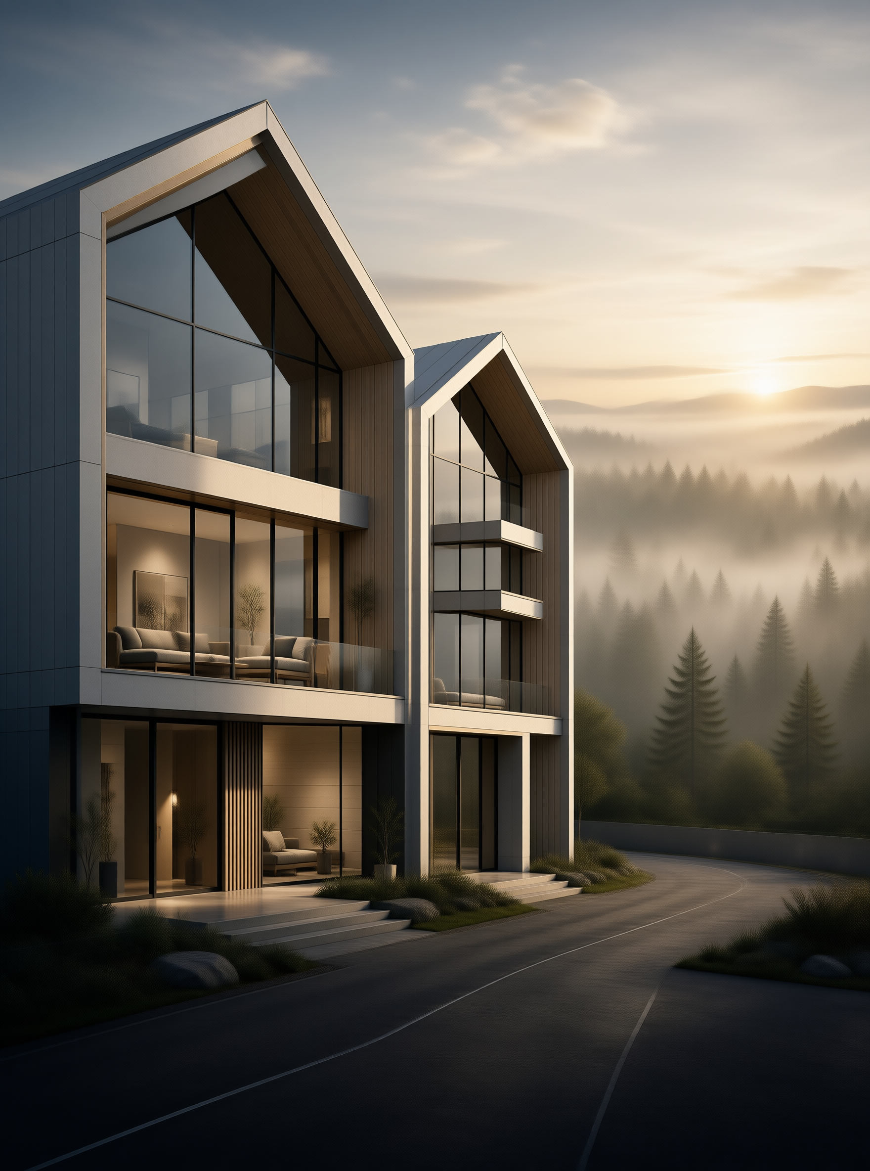 Glass Chalet in Misty Pine Forest