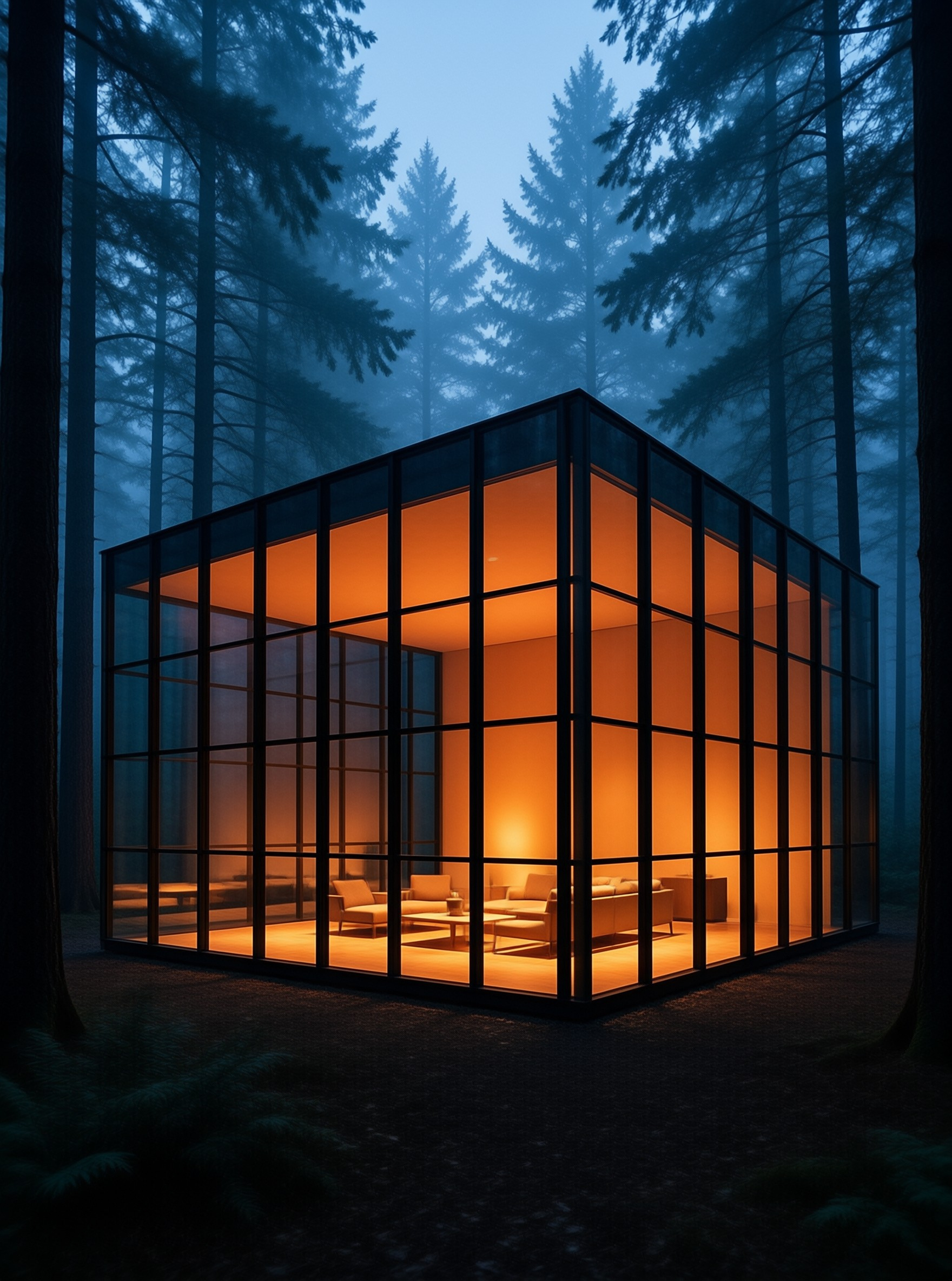 A modern glass cube glows with warm light while standing among tall trees in a foggy blue forest.