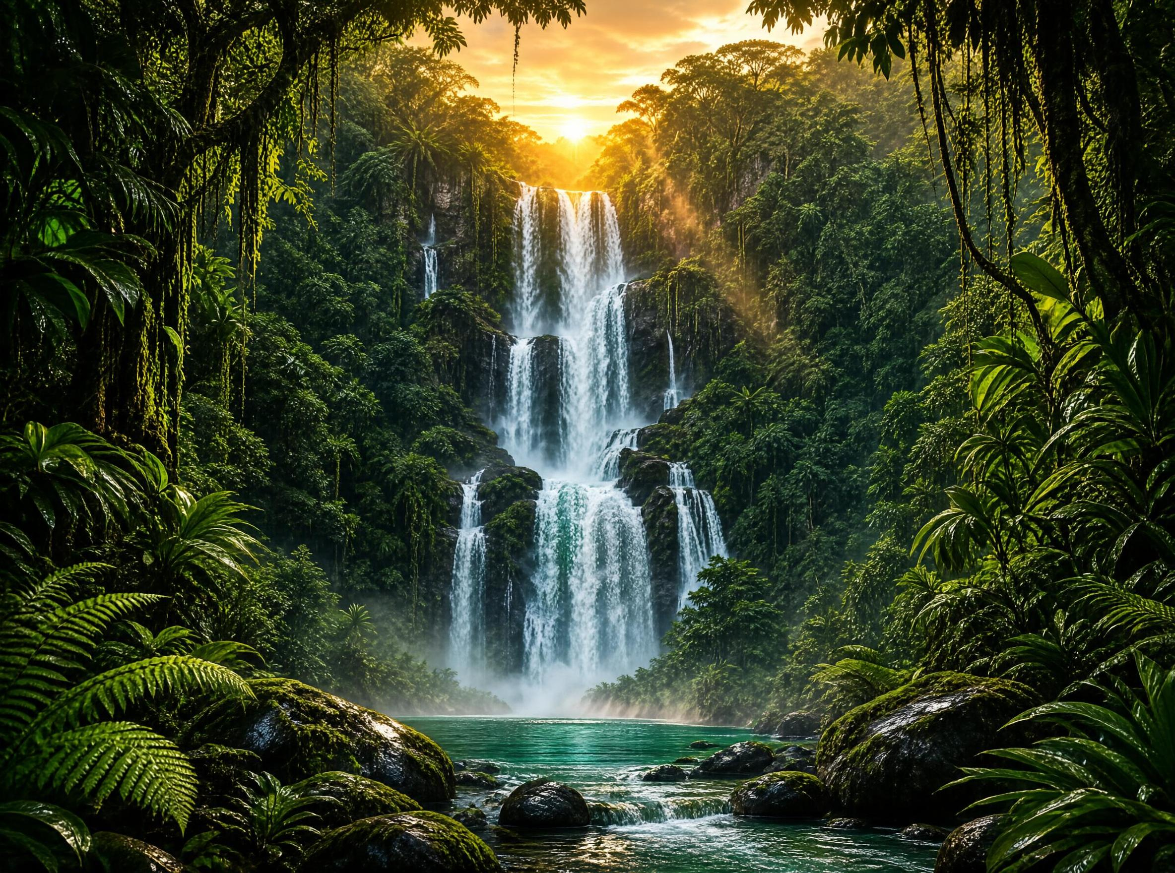 Tropical Waterfall in Rainforest