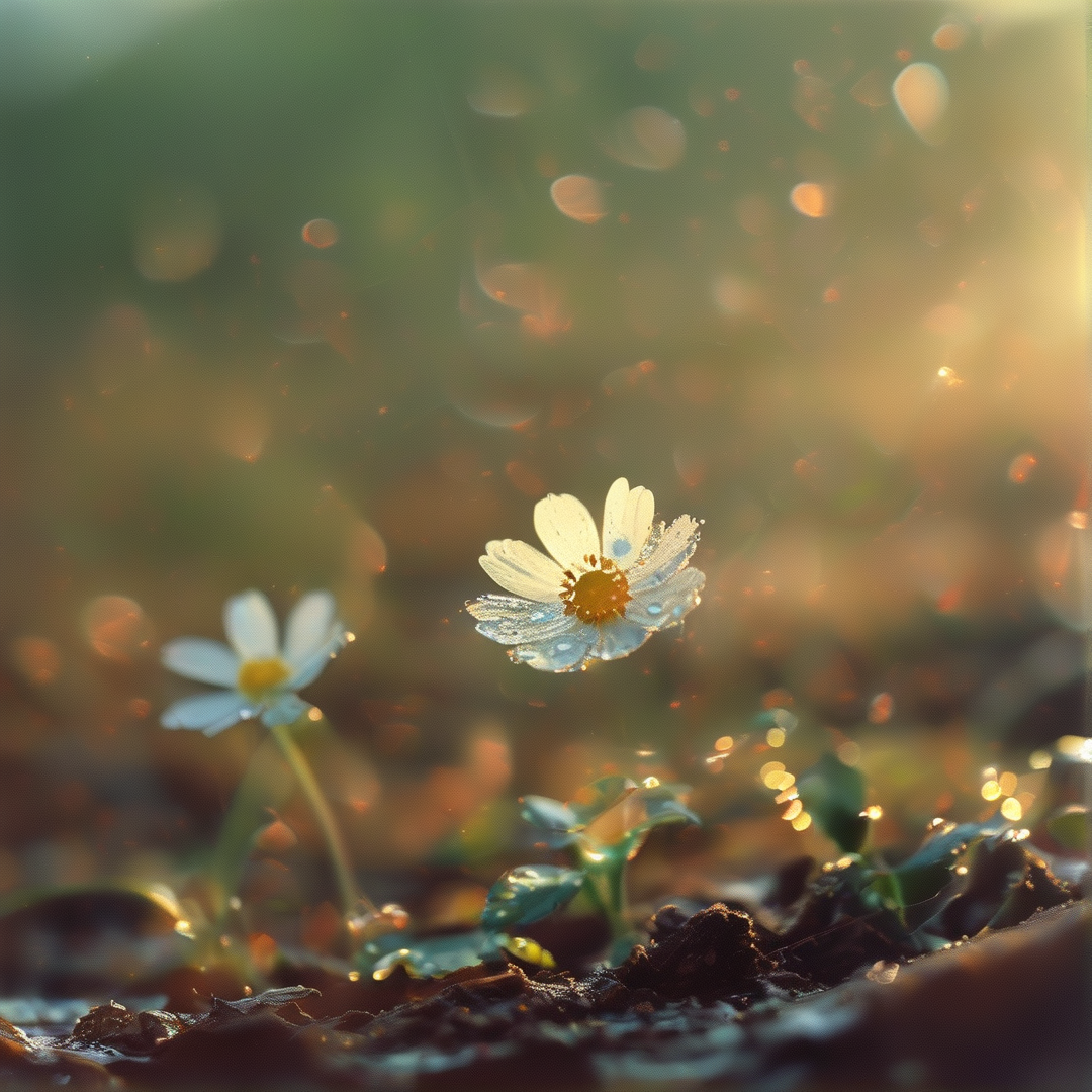 Two white daisies with dewdrop-covered petals bloom in dark soil bathed in warm golden sunlight creating a soft glowing background
