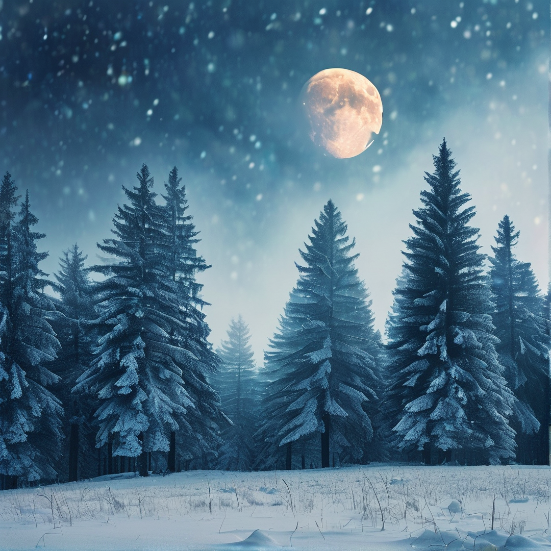 Winter Moon Over Pines