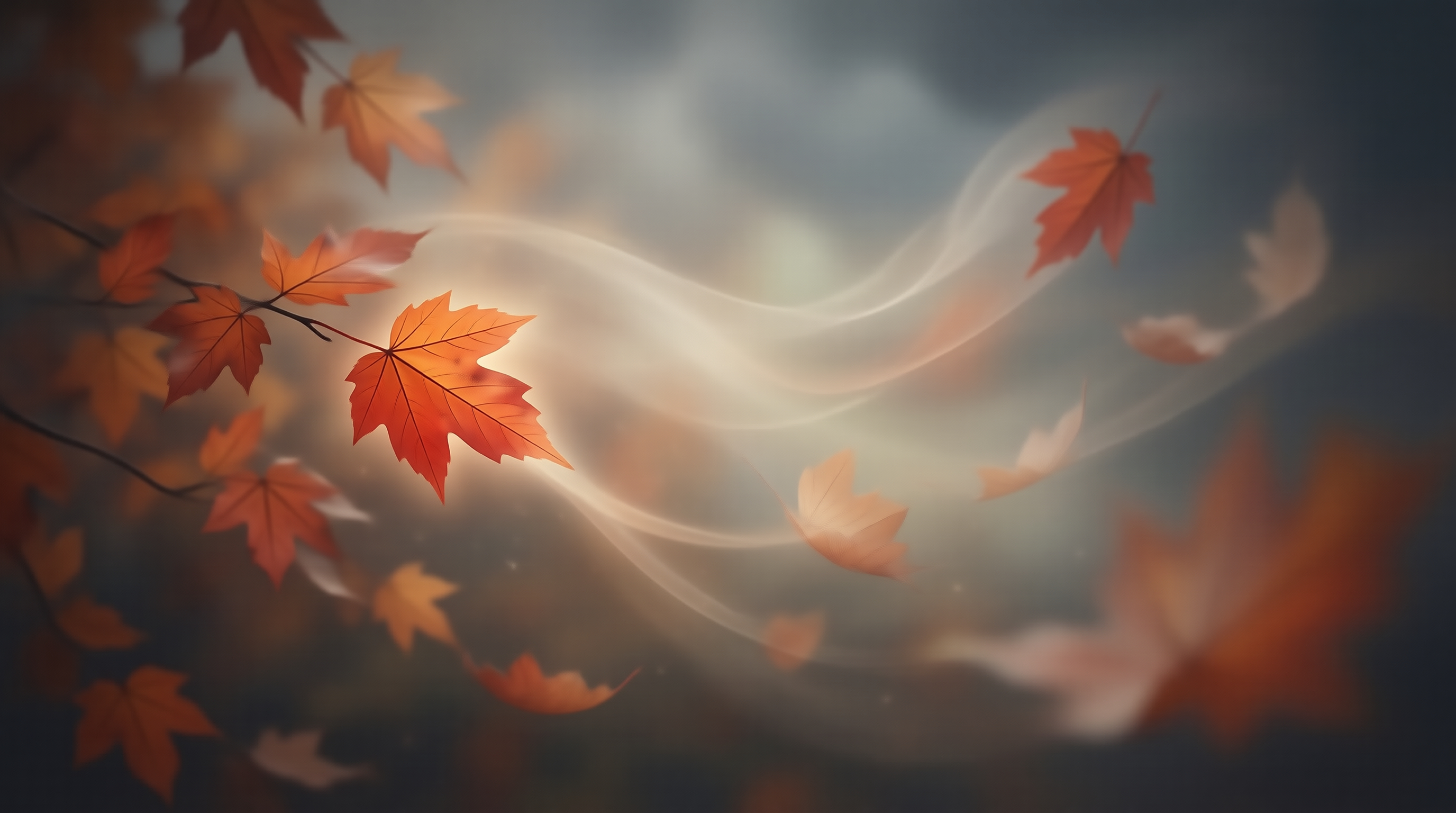 Autumn Maple Leaves and Swirling Smoke