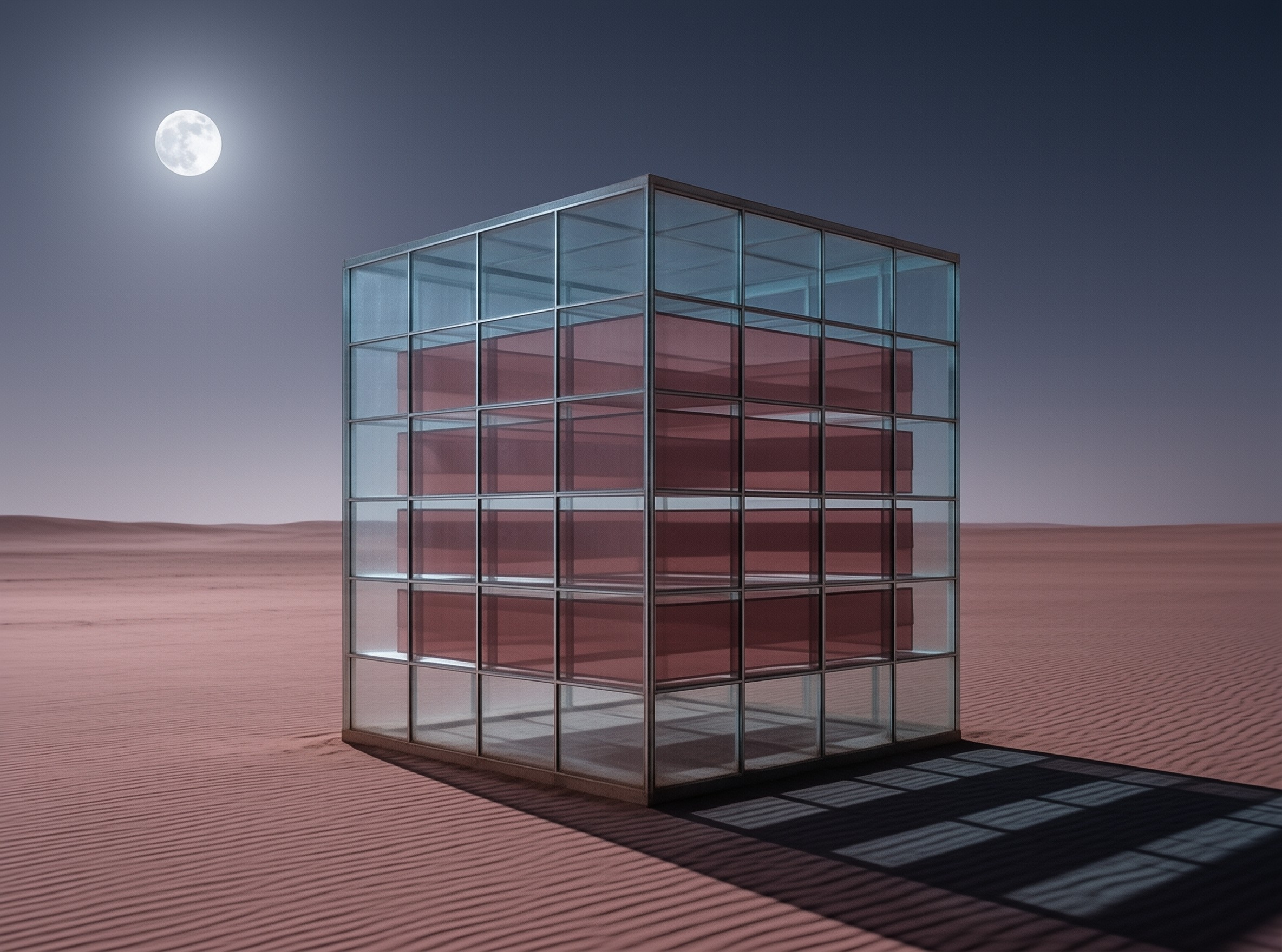 A transparent grid building with rose tinted interior floors stands alone on rippled sand beneath a glowing night moon.