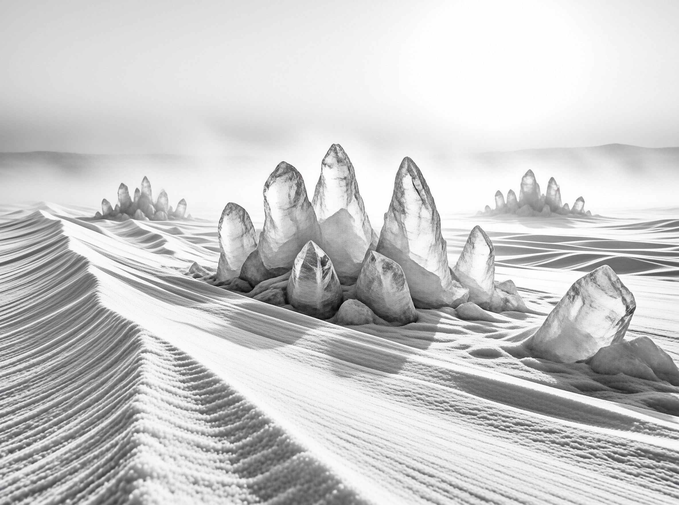 Sharp grey stone peaks protrude from smooth winding dunes under a pale hazy sky