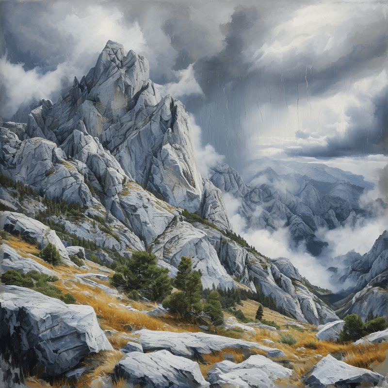 White granite cliffs rise sharply on the left with scattered pine trees and golden grass below under a heavy cloud cover.