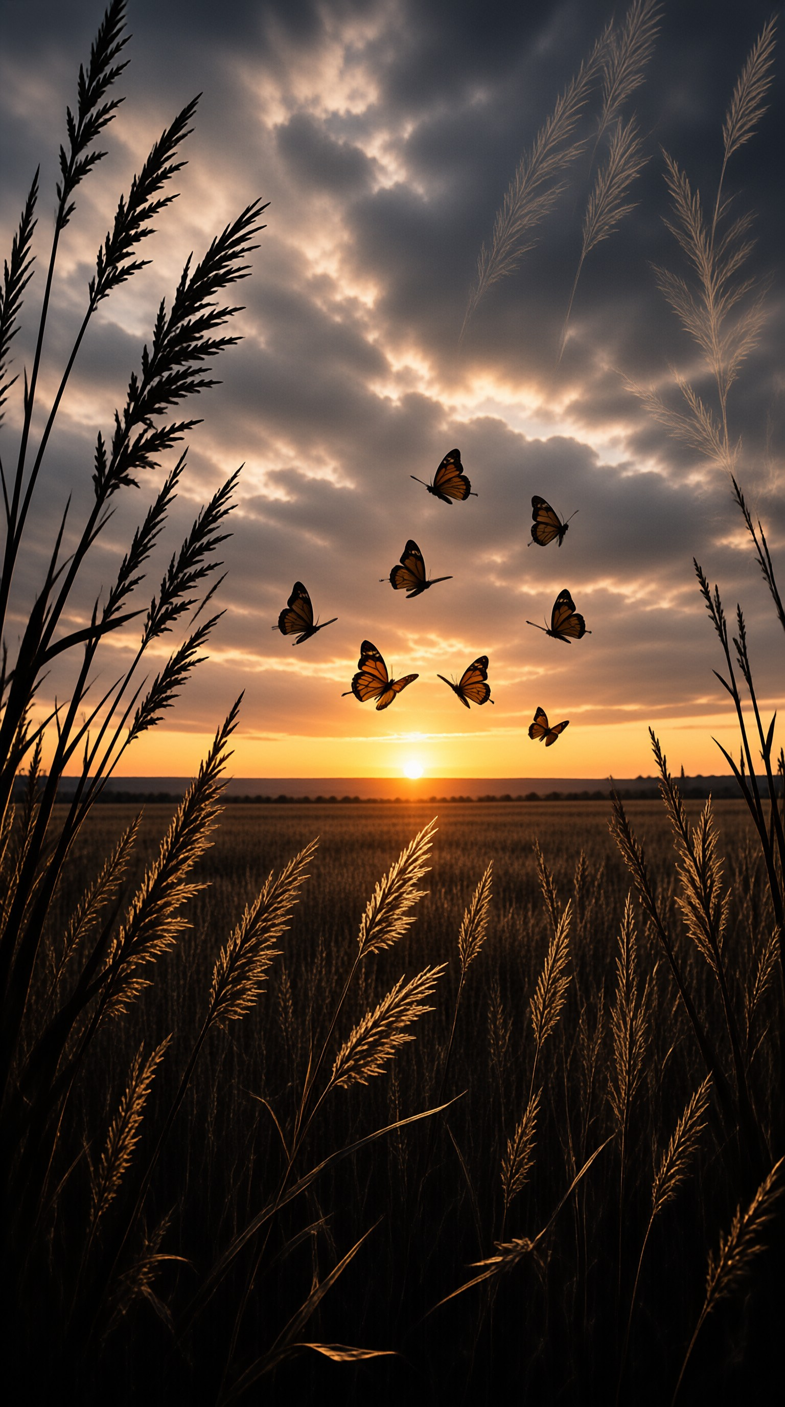 A group of butterflies flies against a cloudy sky while the sun sets over a distant landscape.