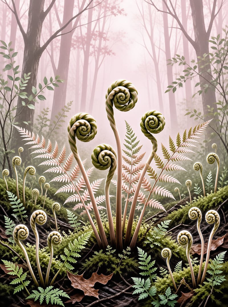 Young fern fronds curl into tight spirals rising from green moss beneath trees shrouded in soft pink fog.
