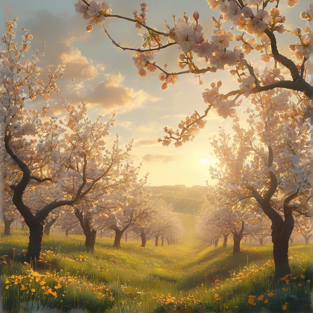 Rows of white flowering trees stand in a grassy meadow bathed in warm golden sunlight with hills visible