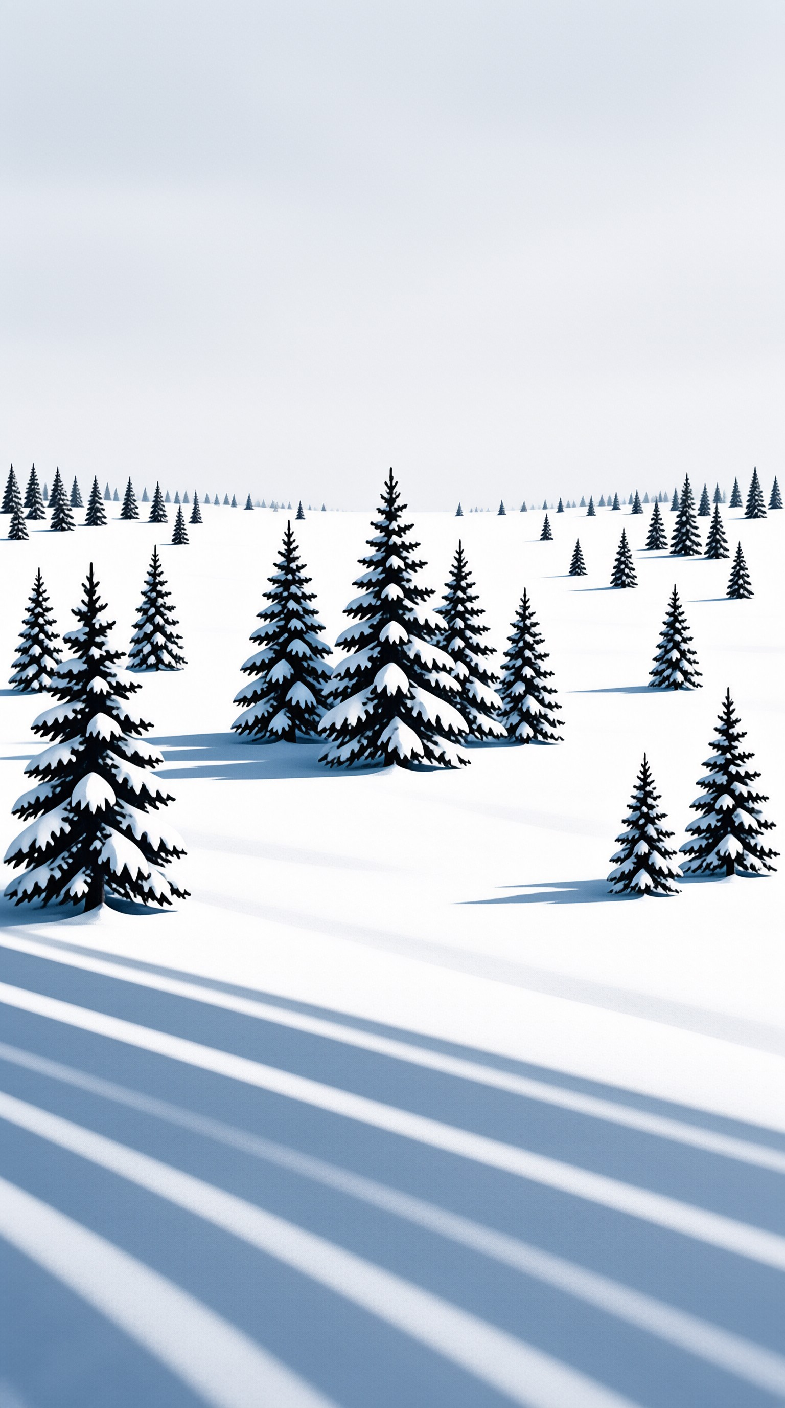 Tall evergreen trees stand on a white snowfield with long blue shadows stretching across the foreground under a pale sky.