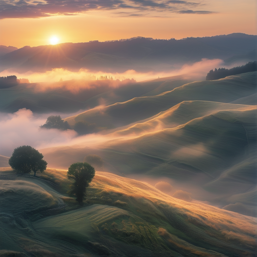 Sunrise Over Misty Hills