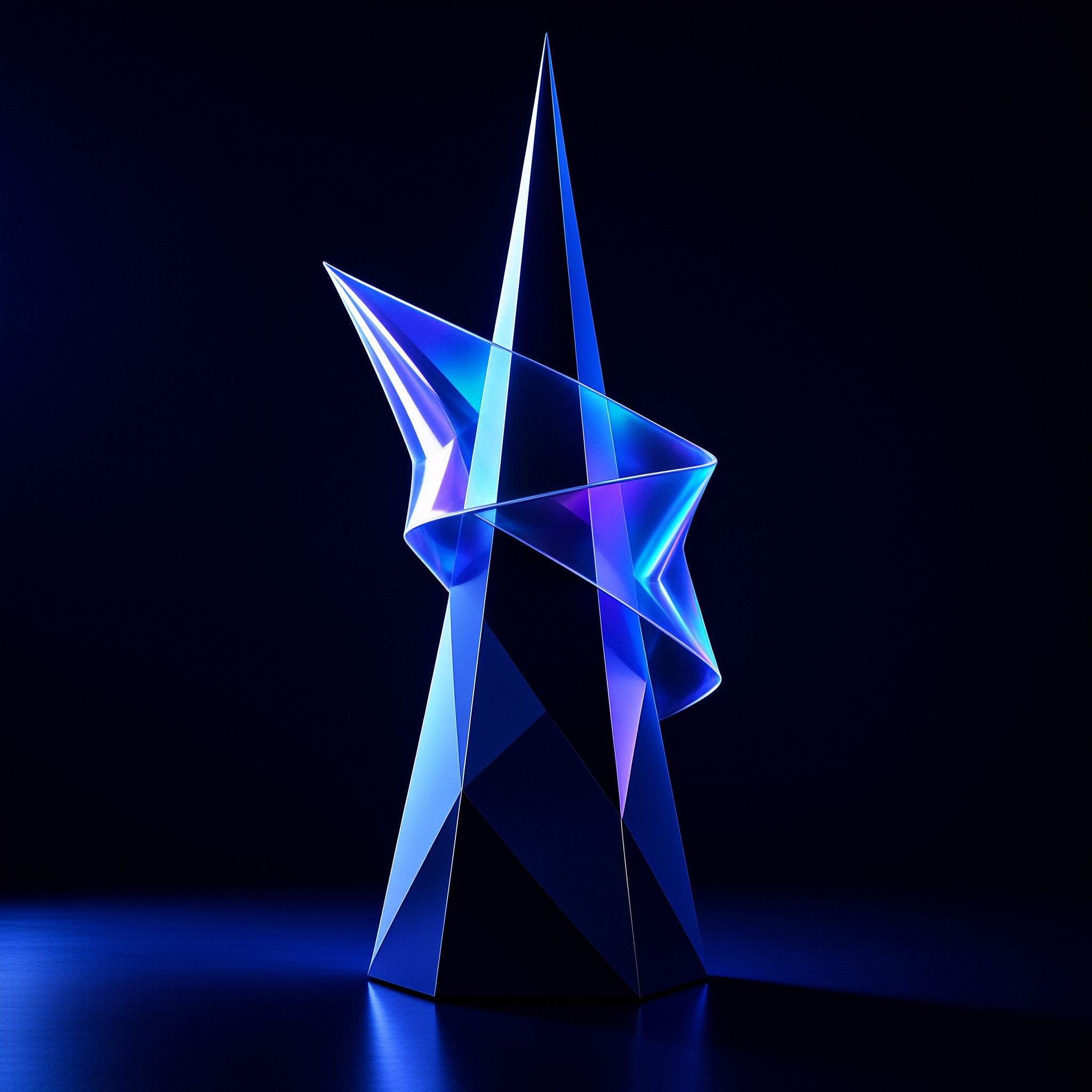 A twisted translucent blue object emits light while standing against a deep black background.