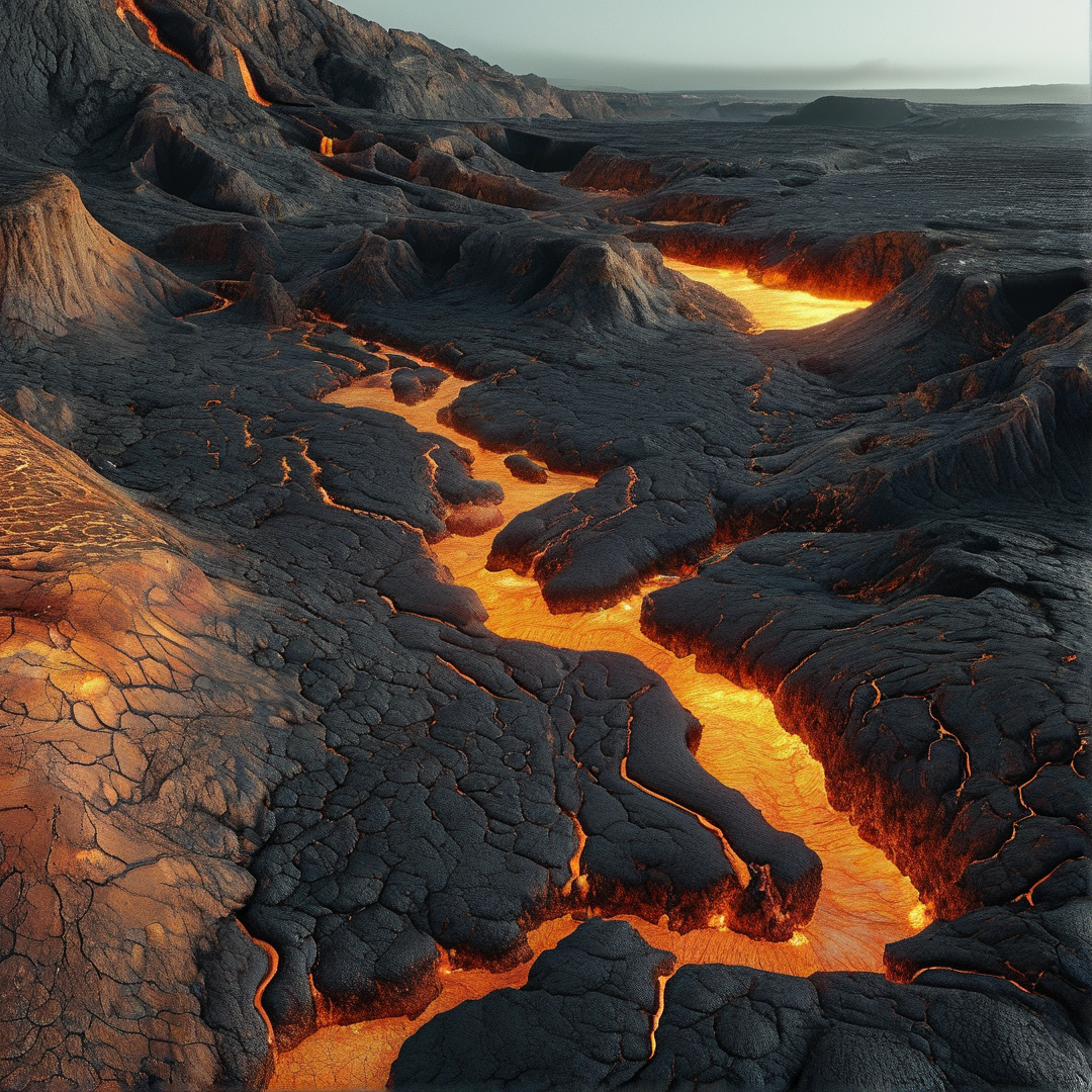 Bright orange magma flows through dark solidified lava channels across a rugged volcanic landscape under a pale sky.