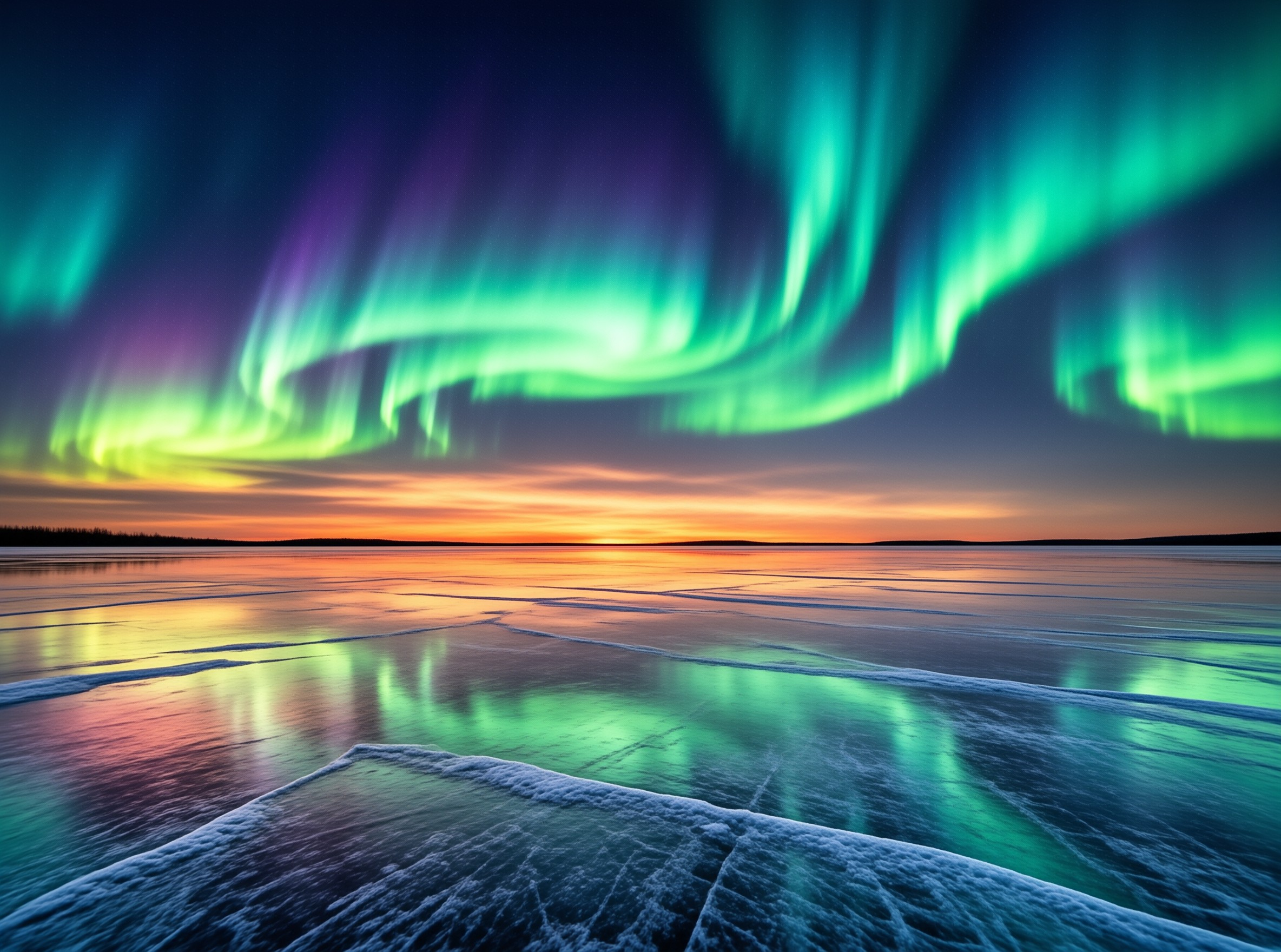 Bright green aurora borealis streaks across a dark sky above a cracked frozen lake reflecting orange sunset light.