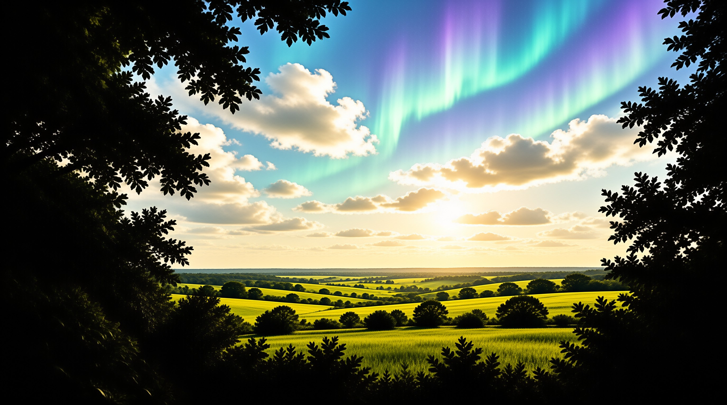 Aurora Over Rolling Hills