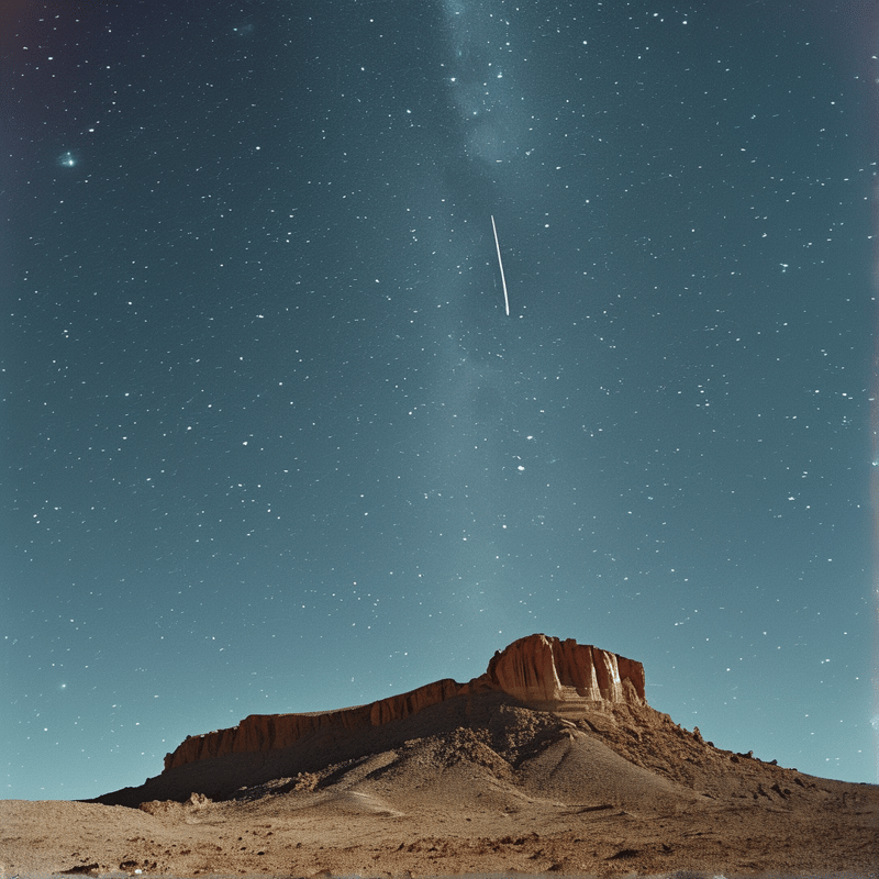 Rugged red rock rises from sandy desert floor against deep blue starry sky with a distinct white meteor streak.